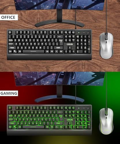 USB Wired Keyboard and Mouse Combo with Backlit, Large Print for Computer | Red/Green/Yellow Light Up, Silent, Multimedia Keys, Number Pad, 4 Levels DPI RGB Mouse for PC PS5 Office, Elderly Low Vision