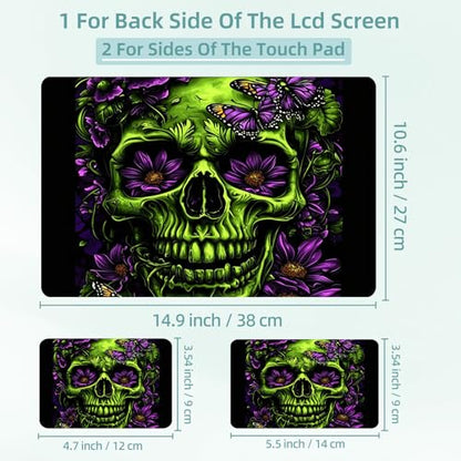 Universal Laptop Skin Decal, 3-Piece Vinyl Protector for 12 13 14 15.6" Notebook, Waterproof Anti-Scratch, Easy Trim & Bubble-Free Finish, Skull with Flowers and Butterflies - color: Skull with Flowers and Butterflies