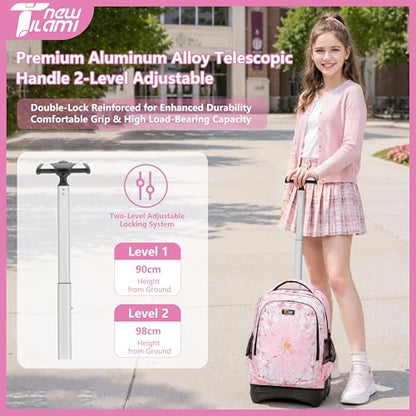 NEW TILAMI 18 Inch Rolling Backpack with Lunch Bag for Girls Boys School | 6-Wheel Stair-Climbing Girls Boys Carry-on Suitcase Water-Resistant Adjustable Trolley Handle Wheels School Travel Camping - color: Pink Flowers