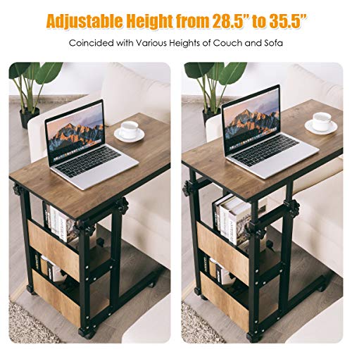 Tangkula Rolling Height Adjustable C Table, Mobile Sofa Side End Table Couch Desk, Sofa Desk Snack Table with Storage Shelves, Bed Side Table for Coffee Laptop Tablet, Wood Look Accent Furniture
