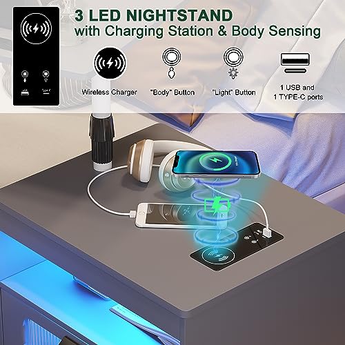 HNEBC LED Nightstand Set of 2 with Charging Station & Adjustable Overbed Desk, 3 Color LED Lights & Body Sensor, Mobile Bedside Table with Wheels, 2 Drawers & Open Shelf for Bedroom(Grey) - color: 9603-2-grey