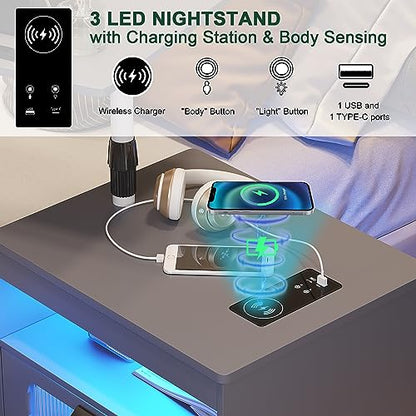 HNEBC Nightstand with Wireless Charging Station, LED Nightstand Has Adjustable Rotary Workstation, Smart Night Stand with 2 Drawers,Modern Bedside Table for Bedroom, Sensor Light/Wheel (Grey) - color: 9603-1-grey