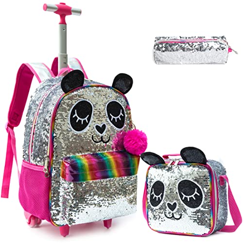 School Kids Rolling Backpack for Girls 3PCS With Trolley Wheeled Backpacks - color: Silver Red