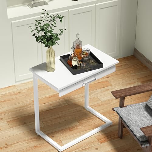 C Shaped End Table,Small Couch Side Table with Drawer,for Living Room, Bedroom Magazines, Computers, Coffee, Small Objects Storage.White - color: White