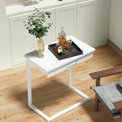 C Shaped End Table,Small Couch Side Table with Drawer,for Living Room, Bedroom Magazines, Computers, Coffee, Small Objects Storage.White - color: White