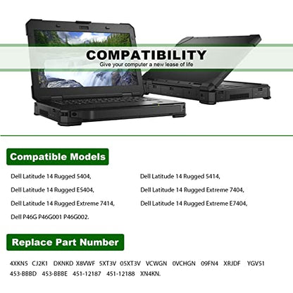 4XKN5 CJ2K1 X8VWF DKNKD Battery Replacement for Dell Latitude 14 Rugged 5404 5414 E5404 Extreme 7404 7414 E7404, P45G P46G P46G001 P46G002 5XT3V 05XT3V VCWGN 0VCHGN 09FN4 XRJDF XN4KN YGV51 453-BBBD - size: 6.57*3.15*0.83inch 4XKN5
