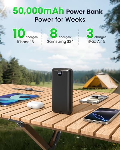 Portable Charger Power Bank 50000mAh 22.5W Fast Charging USB C Battery Bank External Battery Pack Digital Display Phone Charger with 3 Output & 2 Input for iPhone 17/16/15/14/13/12, Samsung etc Black - color: Black