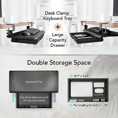 EHO Keyboard Tray with Drawer - Clamp On Under Desk Pull Out Extender Table Attachment Platform with Storage Organizer, Large 27.5" (31.8" Including Clamps) x 12.2", Height Adjustable for Home Office - size: 27.5 inch, style: keyboard tray platform with d