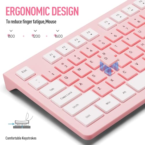 Wireless Silent Keyboard and Mouse Combo, Ultra-Slim Sleek Design Full-Sized Wireless Keyboard and Adjustable DPI Mouse, 2.4GHz USB Receiver for PC, Windows, MAC, Desktop, Laptop (Pink)