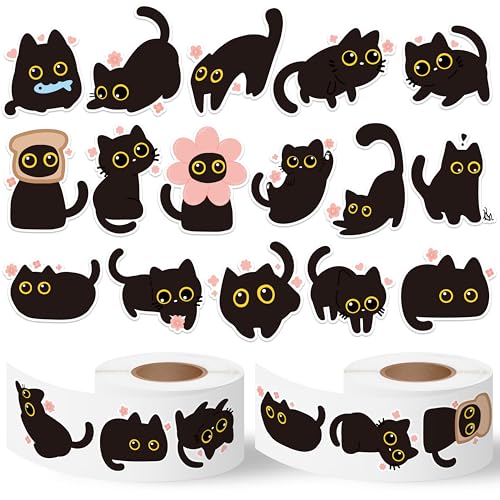 Black Cat Sticker Roll - 1000 Pcs Cute Black Cat Flower Waterproof Vinyl Reusable Laptop Stickers Coloring Book Scrapbook Water Bottle Page Activity Pad Birthday Party Favors Kids Skateboard - style: Cute Black Cat