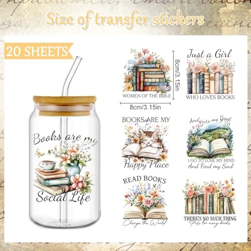 Rngmsi 20 Sheets Reading Books UV DTF Cup Wrap Cold UV DTF Transfer Sticker | Floral Waterproof Bookish UVDTF Decals, for 16 oz Glass Cups Mugs Water Bottles, DIY Crafts Book Lover - style: Reading Books