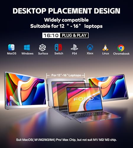 14" Triple Monitor Laptop Screen Extender, FHD 1200P 16:10 Laptop Screen Extender, Left Screen 360° Flip Portable Monitor for 12-16.5" Laptops with HDMI/USB-C, Plug & Play - S7 - size: 14"
