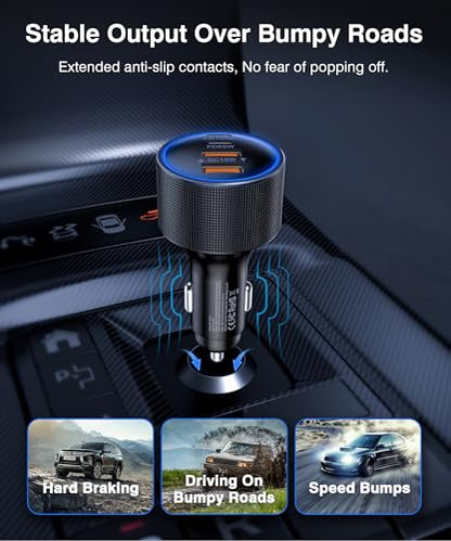 165W USB-C Car Charger, 4-in-1 Super Fast Charging Cigarette Lighter Adapter, Dual USB-C & USB-A Multi-Port Car Phone Charger Accessory, for iPhone 17/16/15, iPad, Galaxy, Tablets and Other Devices - size: 165W