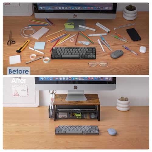 Monitor Riser with Drawers and Pen Holders | Wood & Mesh Metal Computer Monitor Stand with Storage for Desk, Rustic Brown