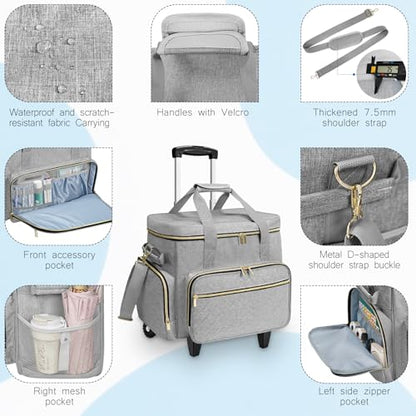 LIWSHWZ Rolling Teacher Bag With Wheels,Teacher Bag with Accordion File Organizer for up to 15.6" Laptop,Thickened Trailer Leg Detachable Trolley for Teaching& Office Supplies Storage（17.3×9.8×13.4"）