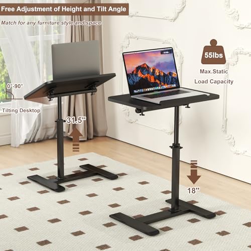 Adjustable Height C Shaped Side Table,360°Swivel Overbed Table,Top Tilting Laptop Stand Table with Hidden Wheels,Mobile Couch End Tables that Slide under,Rolling TV Coffee Table for Sofa/Bed(black) - color: Black