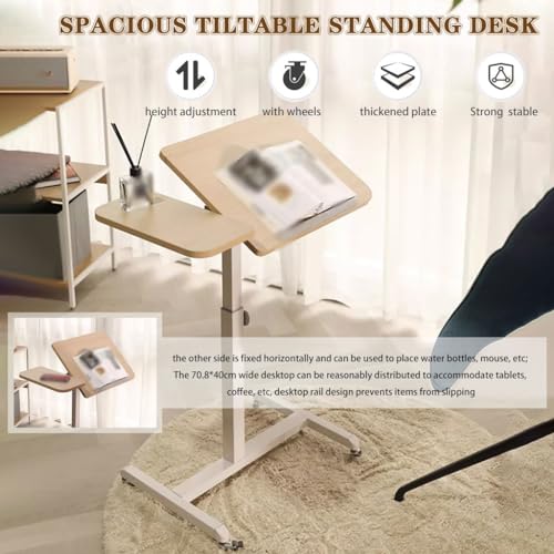 Home Movable Sofa Side Table, Height Adjustable Laptop Desk, Portable Bedside Table with Wheels, Tiltable Freestanding Standing Desk, Easy to Install
