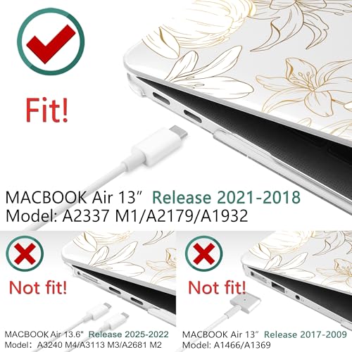 DONGKE Compatible with MacBook Air 13 inch Case 2021 2020 2019 2018 Release A2337 M1 A2179 A1932 with Retina Display Touch ID, Plastic Hard Shell & Keyboard Cover - Golden Florals - color: Golder Florals X482