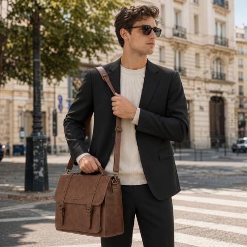 RAINSMORE Messenger Bag for Men 17” PU Laptop Flap Retro Briefcase Waterproof Satchel Bag for Office Business Travel College - color: Brown