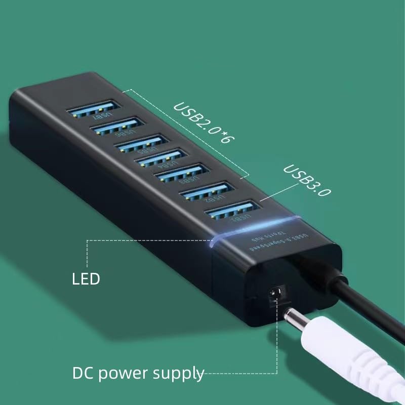 USB 3.0 Hub, 7-Port USB Data Hub Splitter for Laptop, PC, MacBook, Mac Pro, Mac Mini, More USB Devices-4FT(1x 3.0 Port+6X 2.0 Ports)