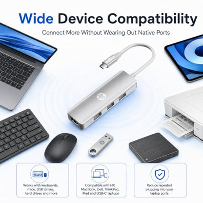 HP USB C Docking Station 5-in-1 Multi-Port USB C Hub,100W Power Delivery | Dual Monitor Support, 5Gbps Data Transfer, Aluminum Heat Dissipation,Portable,for Laptops, MacBook, iPad,and More,Silver
