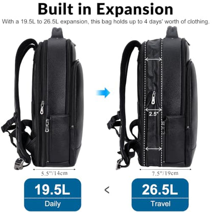 TIDING Men's Expandable Leather 17.3 Inch Laptop Business Backpack | TSA Friendly Weekend 26L Travel Daypack Water-Resistant Overnight Camping Rucksack - color: Black, size: Large(17" laptop)