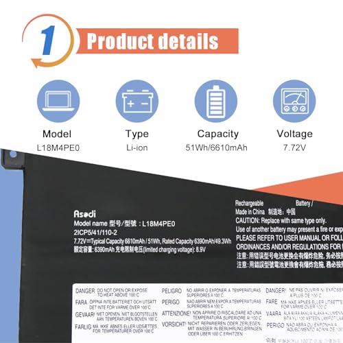 ASODI L18M4PE0 L18L4PE0 Laptop Battery Compatible with Lenovo Yoga C740-14IML Series 5B10W67296 5B10U40209 5B10U40210 5B10W67185 7.72V 51Wh 6610mAh - size: 12.28*4.45*1.26 inches L18M4PE0