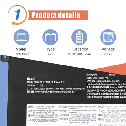 ASODI L18M4PE0 L18L4PE0 Laptop Battery Compatible with Lenovo Yoga C740-14IML Series 5B10W67296 5B10U40209 5B10U40210 5B10W67185 7.72V 51Wh 6610mAh - size: 12.28*4.45*1.26 inches L18M4PE0