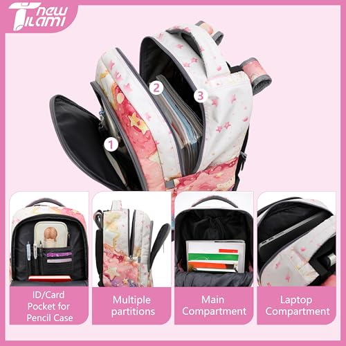 NEW TILAMI 18 Inch Rolling Backpack with Lunch Bag for Girls Boys School | 6-Wheel Stair-Climbing Girls Boys Carry-on Suitcase Water-Resistant Adjustable Trolley Handle Wheels School Travel Camping - color: Starshine