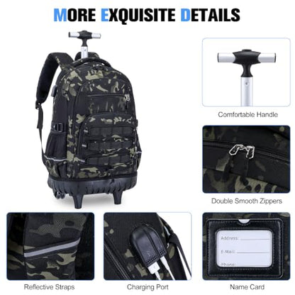 ACESAK Camo Rolling Backpack Boys, Tactical Kids Backpack Boys, Kids Suitcase for Boy Teens Elementary Middle High School, Military Backpack with Wheels and Lunch Bag Pencil Case Set (Camo Black) - color: Camo Black