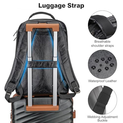 Tzowla Full Grain Genuine Leather Laptop Backpack for Men and Women,Business Work Travel Slim Daypack Fits 15.6 Inch Notebook/Computer-Black - color: W-black