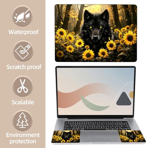 Universal Laptop Skin Sticker for 12/13/14/15.6 Inch Laptops, Reusable Vinyl Laptop Decal Cover, Waterproof Scratch Resistant Notebook Skin with 2 Wrist Pads,Sunflower Wolf - color: Sunflower Wolf