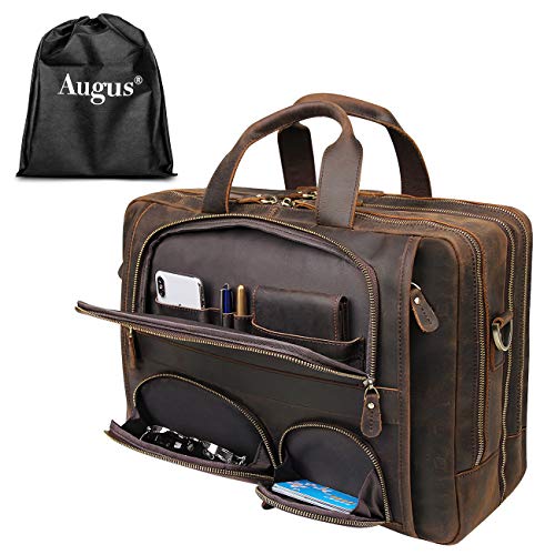 Augus Business Travel Briefcase Genuine Leather Duffel Bags for Men Laptop Bag fits 15.6 inches Laptop - color: Coffee-2