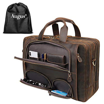 Augus Business Travel Briefcase Genuine Leather Duffel Bags for Men Laptop Bag fits 15.6 inches Laptop - color: Coffee-2