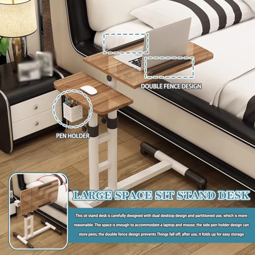 Mobile Laptop Desk with Pen Holder, Bedroom Bedside Lifting Standing Desk, Portable Mobile Study Table with Casters, Foldable Storage Side Table(Brown) - color: Brown