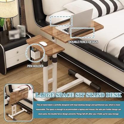 Mobile Laptop Desk with Pen Holder, Bedroom Bedside Lifting Standing Desk, Portable Mobile Study Table with Casters, Foldable Storage Side Table(Brown) - color: Brown