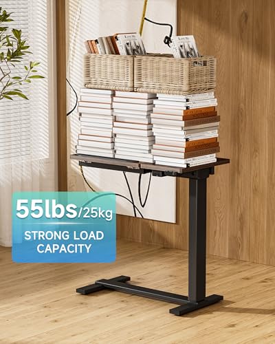 BIZUM Small Electric Standing Desk, Overbed Table Wireless Tilt Top with Hidden Wheels, 27.6×15.8 Inch Adjustable Rolling Laptop Desk, USB-C Rechargeable Battery, Walnut - color: Walnut