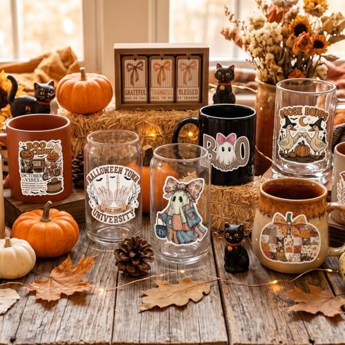 Rngmsi 20 Pcs Vintage Fall UV DTF Cup Wrap UV DTF Stickers for 16 OZ | Vintage Fall, 16 OZ, Autumn Pumpkin Ghost, Waterproof UVDTF Transfer Decals, Glasses Cups Mug DIY Crafts - style: Vintage Fall