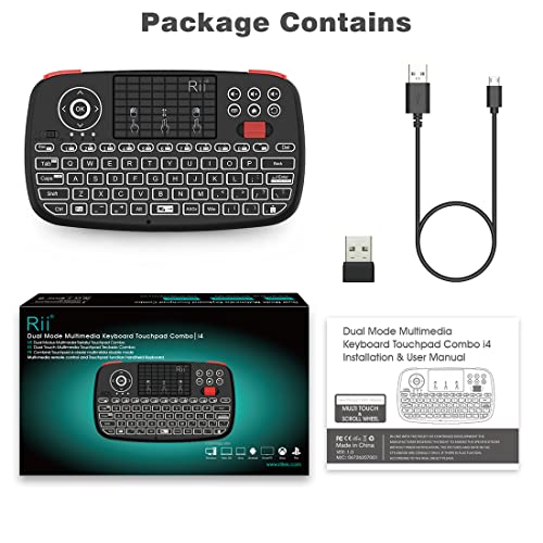(Upgrade) Rii i4 Mini Bluetooth Keyboard with Touchpad, Blacklit Portable Wireless Keyboard with 2.4G USB Dongle for Smartphones, PC, Tablet, Laptop TV Box iOS Android Windows Mac.Black