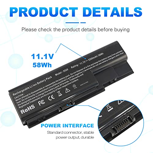 Laptop Battery for Gateway NV73 NV74 NV78 5920G NV79, for Acer AS07B31 AS07B51 AS07B41 AS07B42 AS07B32 AS07B61 AS07B71 AS07B72 AS07B52 ICL50 ICY70 ICW50, Acer Aspire 5920 5315 5520 6930 7520 7720 - size: 7.28*2.72*0.94inch 5920