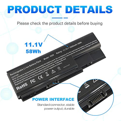 Laptop Battery for Gateway NV73 NV74 NV78 5920G NV79, for Acer AS07B31 AS07B51 AS07B41 AS07B42 AS07B32 AS07B61 AS07B71 AS07B72 AS07B52 ICL50 ICY70 ICW50, Acer Aspire 5920 5315 5520 6930 7520 7720 - size: 7.28*2.72*0.94inch 5920