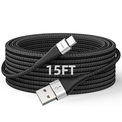 Extra Long USB to USB C Cable 15FT, USBC Charger Type C Cable Fast Charging | Heavy Duty Nylon Braided Phone Charger for iPhone 17 Pro Max 16 15, iPad Pro, Air, Mini, Samsung, Pixel, Moto, Tablet - Black - color: Black, size: 15 FT - 1 Pack, style: USB A