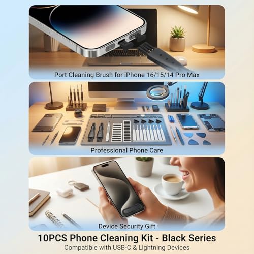 14Pcs Phone Cleaning Kit Anti-Clogging Port Cleaner Mini Brushes | Plastic and nylon mini cleaning brushes clear speaker ports and charging slots safely for tech enthusiasts. - color: 14PCS- Black Phone