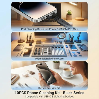 14Pcs Phone Cleaning Kit Anti-Clogging Port Cleaner Mini Brushes | Plastic and nylon mini cleaning brushes clear speaker ports and charging slots safely for tech enthusiasts. - color: 14PCS- Black Phone
