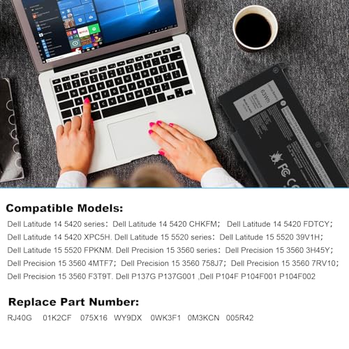 ASUNCELL RJ40G 63Wh Laptop Battery Replacement for Dell Latitude 15 5520 Latitude 14 5420 Precision 15 3560 Series M033W 01K2CF 075X16 WY9DX P137G P137G001 P104F P104F001 0WK3F1 0M3KCN 15.2V 3941mAh - size: RJ40G 10.83 × 5.12 × 0.73 in