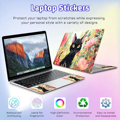 Universal Laptop Skin Sticker Decal, Compatible with MacBook HP Dell Lenovo 12"-15.6", Reusable Vinyl Notebook Cover 3PCS Set, High-Recognition Film-Black Cat Pink Flowers Cartoon - color: Black Cat Pink Flowers Cartoon
