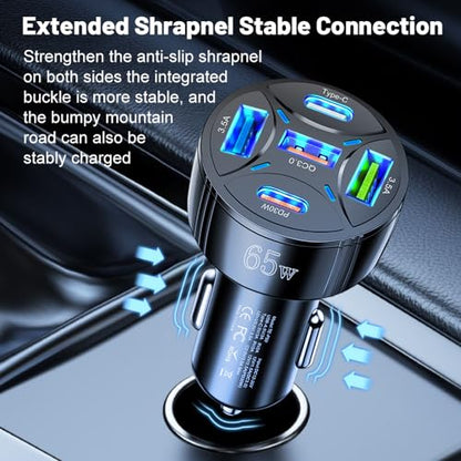 Super Fast Charging USB-C Car Charger Adapter, 65W 5-in-1 Multi-Port PD30W & QC3.0 Cigarette Lighter USB Charger for iPhone/Android/Samsung/iPad Pro (Black) - color: Black