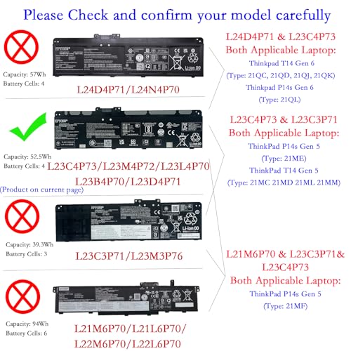 L23C4P73 Battery 52.5Wh 3392mAh 15.48V Compatible with Lenovo ThinkPad T14 Gen 6 / P14s / T14 Gen 5 Series L23D4P71 L23B4P70 L23M4P72 L23L4P70 SB11H56319 5B11H56418 SB11M89895 5B11M90094