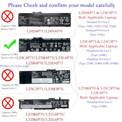 L23C4P73 Battery 52.5Wh 3392mAh 15.48V Compatible with Lenovo ThinkPad T14 Gen 6 / P14s / T14 Gen 5 Series L23D4P71 L23B4P70 L23M4P72 L23L4P70 SB11H56319 5B11H56418 SB11M89895 5B11M90094