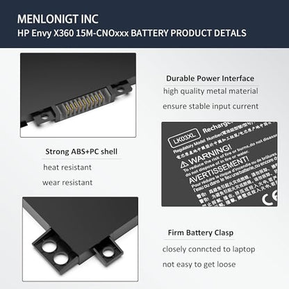 LK03XL 916814-855 l09281-855 Battery for HP Envy X360 15m-bp1xx 15m-cn0xxx 15-cn0xxx 15m-cp0xxx 17m-ae0xx 17-bw 17m-ae111dx 15m-cn0012dx 15m-cn0011dx 15m-bq021dx 15m-bp112dx 916368-421 - size: 7.35 x 3.5 x 0.5 inches LK03XL BATTERY